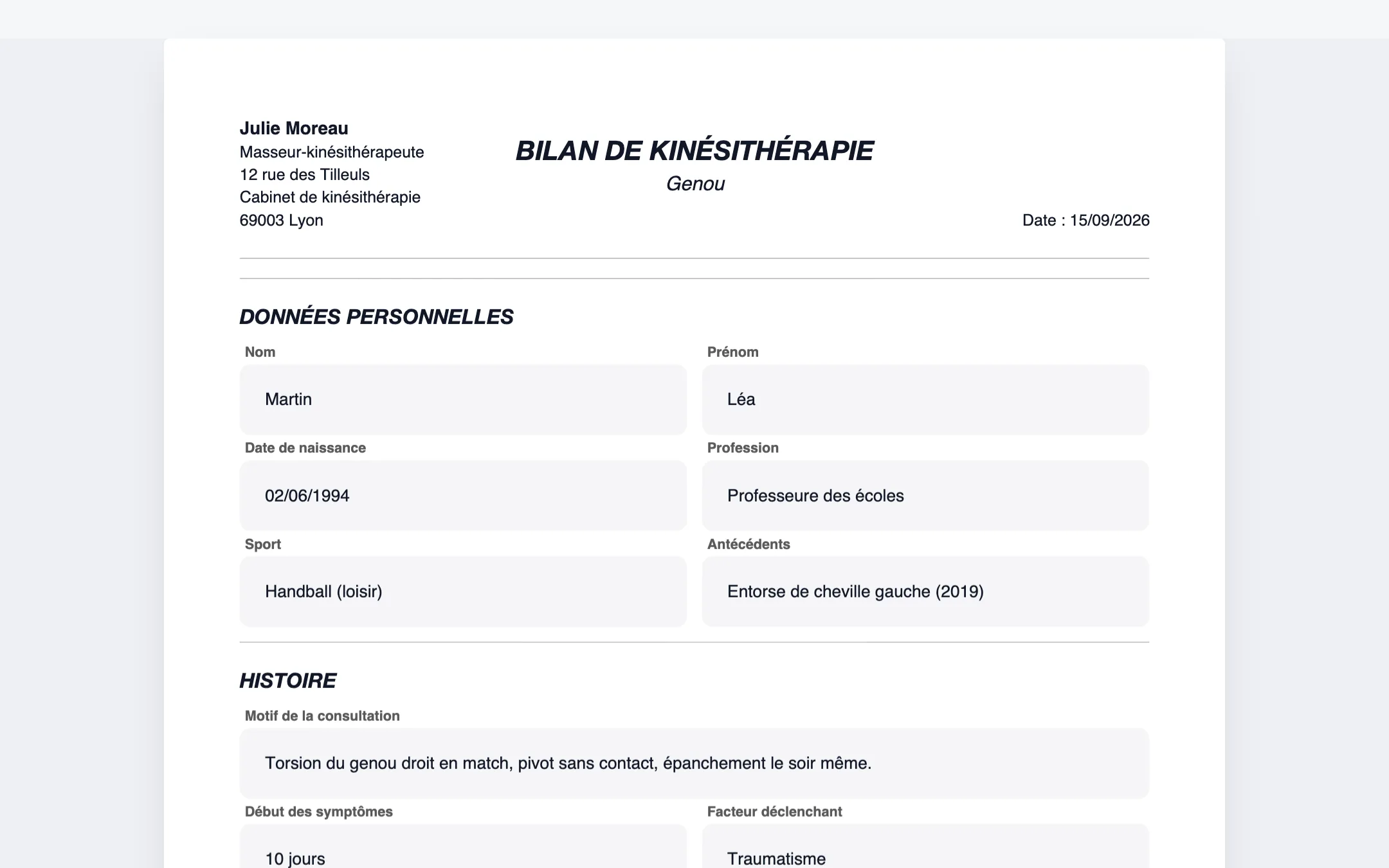 Première page d'un bilan de kinésithérapie exporté en PDF